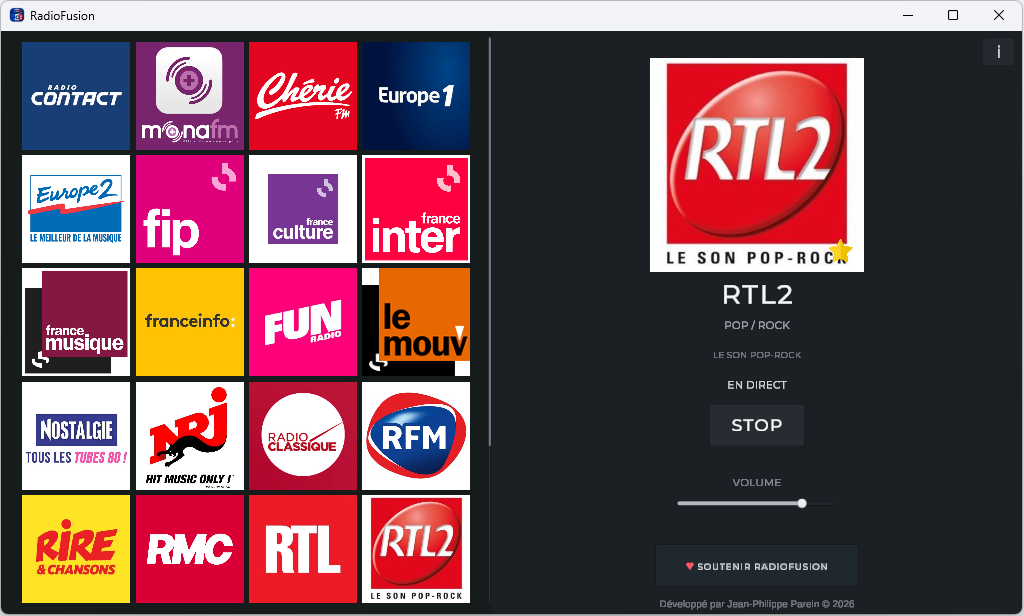 Interface de RadioFusion sur Windows avec une grille de stations et le lecteur radio